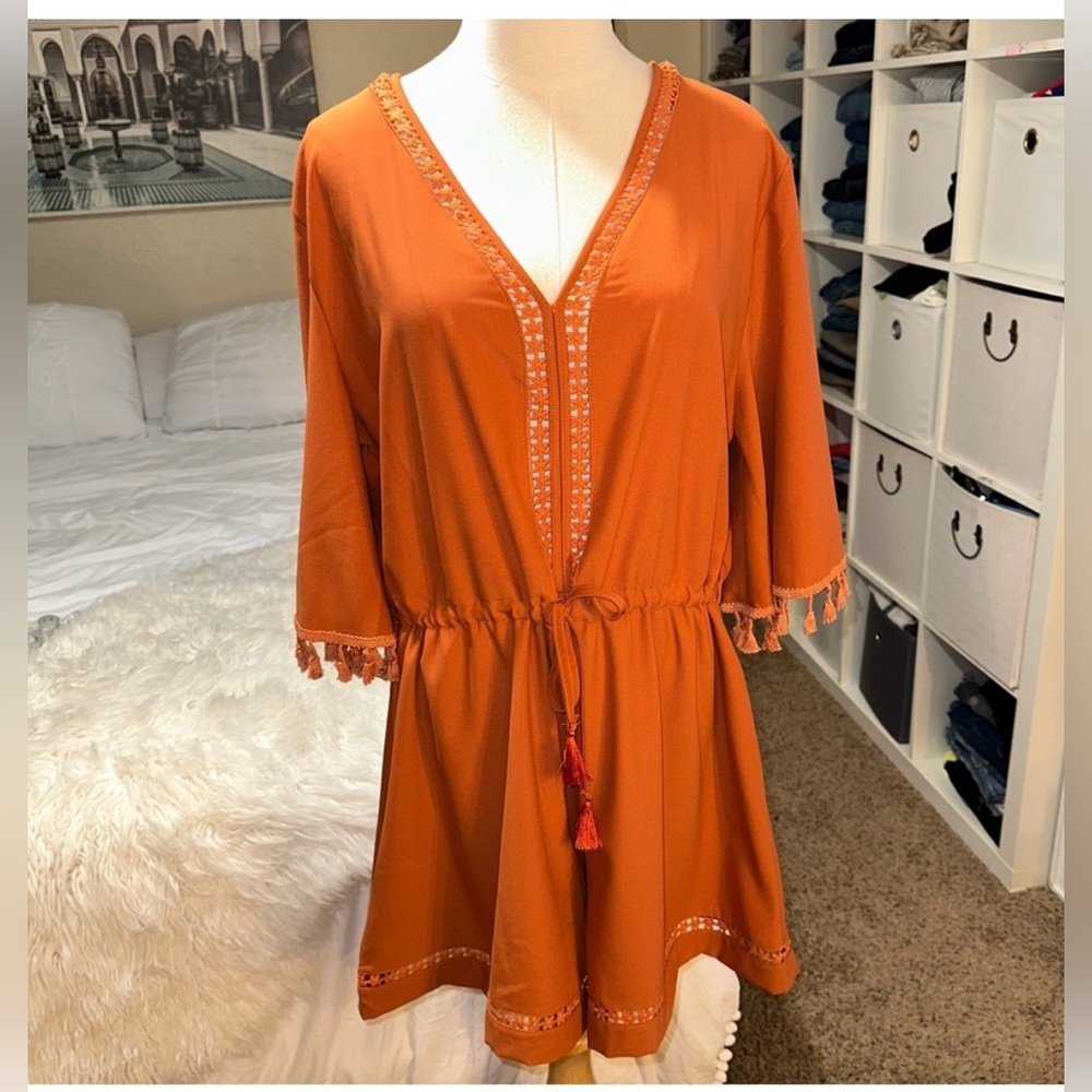 VamJump | NWT V Neck Short Sleeve Tassel High Waist Drawstring Loose Romper